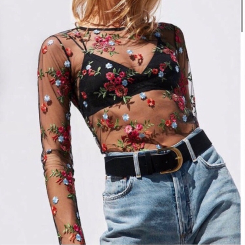 UO Floral Sheer Mesh Top